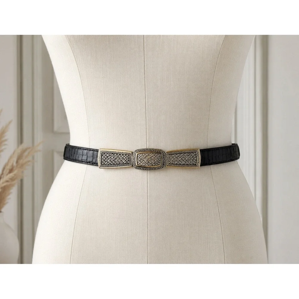 Vintage Woven Metal Accent Leather Black Embossed Leather Statement Belt Small